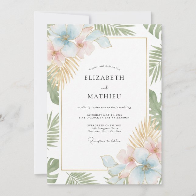 Convite Casamento Tropical de Eucalipto com Menta e Champa (Frente)