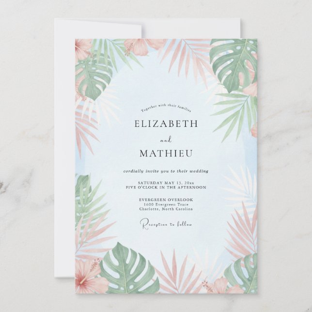 Convite Casamento Tropical de Eucalipto Pêssego Menta (Frente)