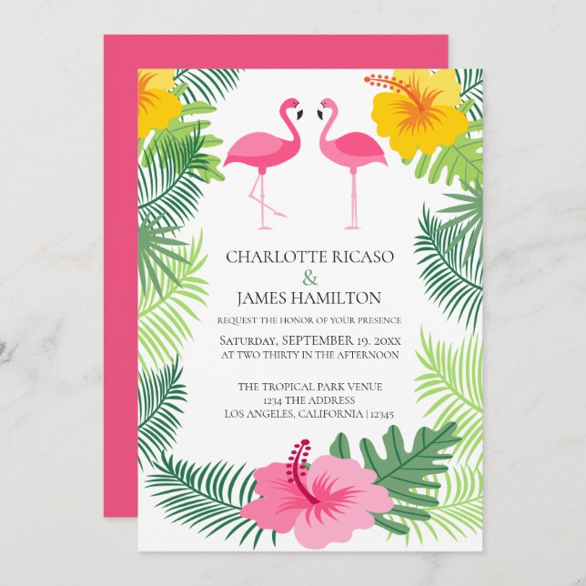 Convite Casamento Tropical de Flamingo Rosa Personalizado (Frente/Verso)