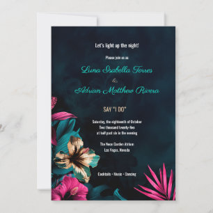 Convite Casamento Tropical de Neon Botânico Floral