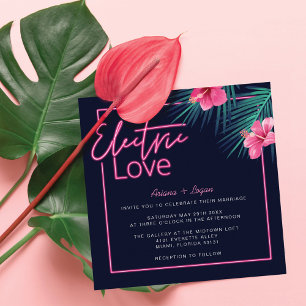Convite Casamento Tropical de Neon Pink com Amor Elétrico