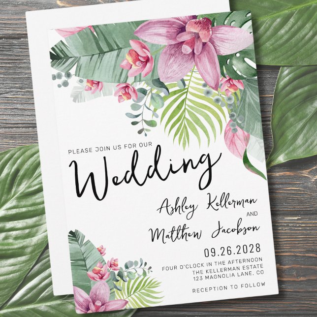 Convite Casamento Tropical de Palm Floral Modern Watercolo (Modern Floral Botanical Palm Tropical Wedding Invitation)