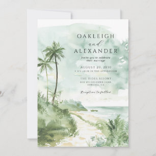 Convite Casamento Tropical de Palma de Aquarela na Praia