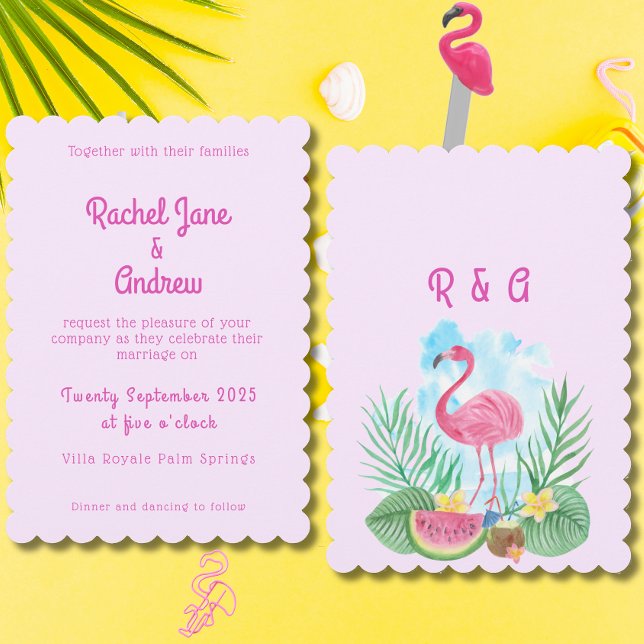 Convite Casamento Tropical de Palma Flamingo Rosa (Tropical Watercolor Flamingo Pink Palm Wedding Invitation)