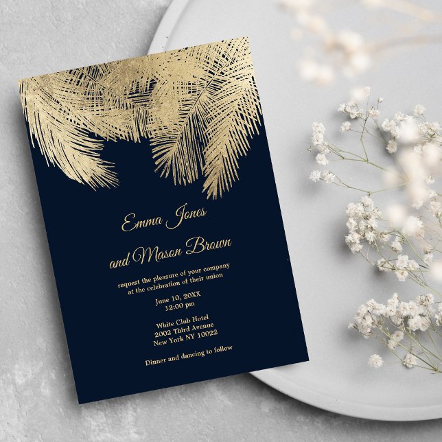 Convite Casamento tropical de palmeira de ouro azul-marinh (Classy navy blue gold palm tree tropical Wedding )