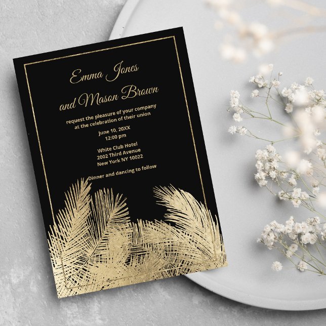 Convite Casamento tropical de palmeira de ouro negro de lu (Luxury black gold palm tree tropical Wedding)