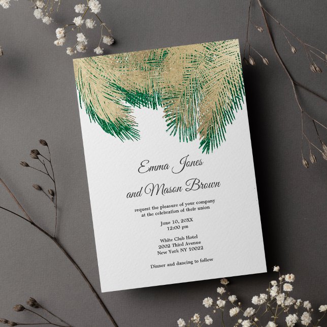 Convite Casamento tropical de palmeira verde de ouro de lu (Luxury gold green palm tree tropical Wedding )