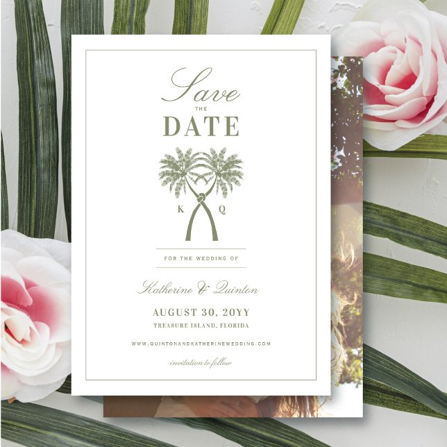 Convite Casamento Tropical de Palmeiras Anotadas Salvem a  (Knotted Palm Trees Tropical Wedding Save The Date Photo Announcement Card @ fatfatin_blue_knot)