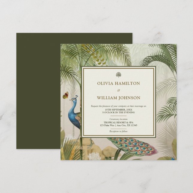 Convite Casamento Tropical de Pavão Tropical Olive Green (Frente/Verso)