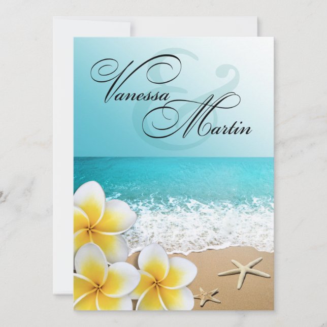 Convite Casamento Tropical de Plumeria Starfish Beach (Frente)