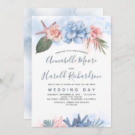 Convite Casamento Tropical de Praia Dusty Blue e Blush