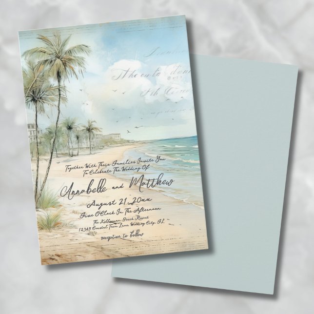 Convite Casamento Tropical de Praia Elegante Vintage (Elegant Vintage Tropical Beach Wedding Invitation)
