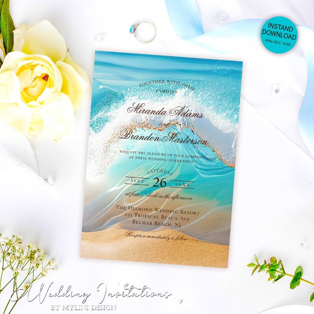 Convite Casamento Tropical de Praia Romântica Blue Ocean O (Criador carregado)