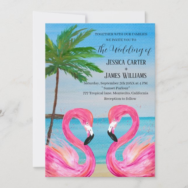 Convite Casamento Tropical de Praia Rosa Flamingo (Frente)