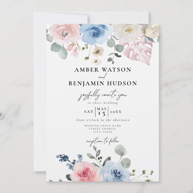 Convite Casamento Tropical de Praia Rosa-Rosa-Rosa-Azul-Cl (Frente)