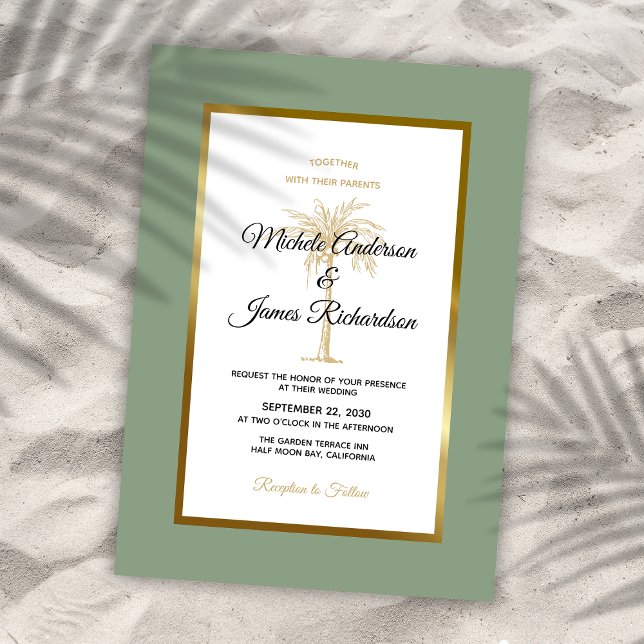 Convite Casamento Tropical de Praia Tropical de Árvore Dou (Sage Green Gold Palm Tree Tropical Beach Wedding Invitation)