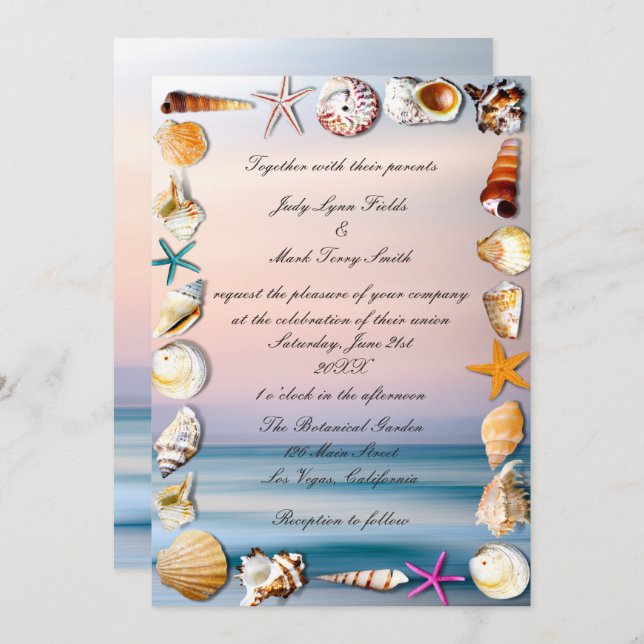 Convite Casamento Tropical De Sandy Beach E Seashells (Frente/Verso)