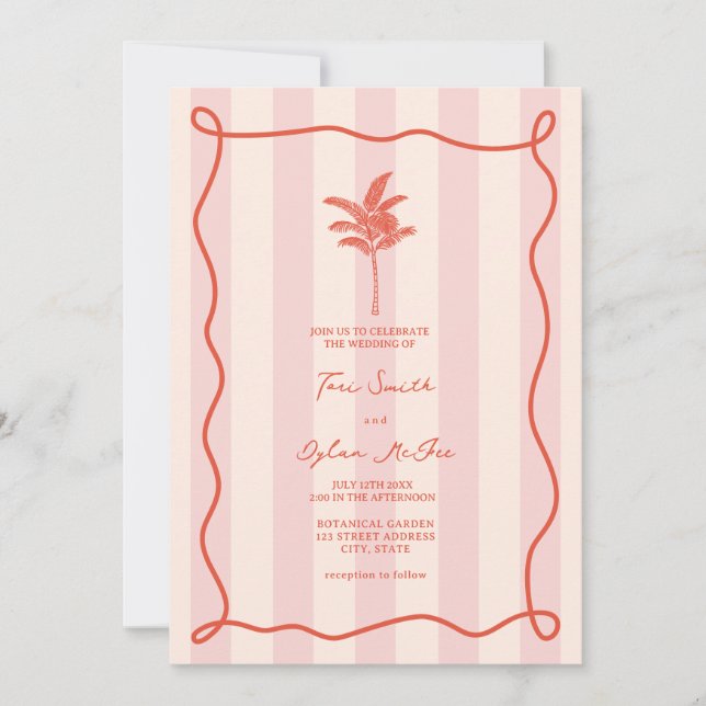 Convite Casamento Tropical de Stripe Rosa-Rosa-Rosa-Palm (Frente)