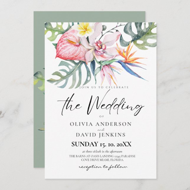 Convite Casamento Tropical de Tema Havaiano (Frente/Verso)