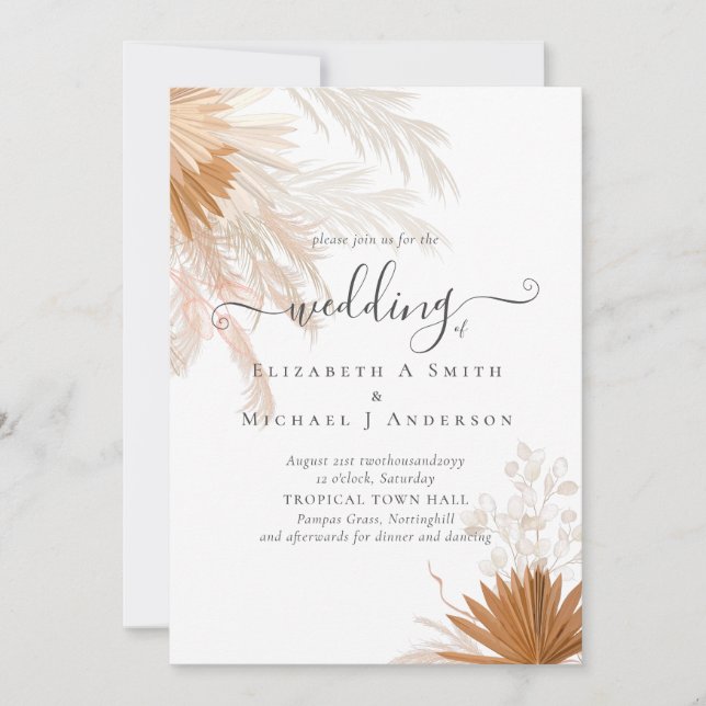Convite Casamento Tropical de Terracotta Pampas Grass (Frente)