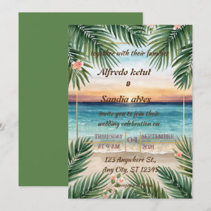 Convite casamento tropical de verão com palmeira na praia 
