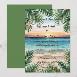 Convite casamento tropical de verão com palmeira na praia