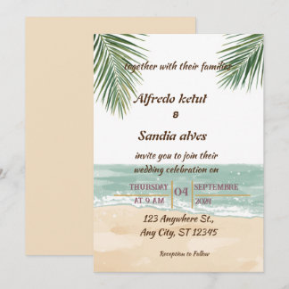 Convite casamento tropical de verão com palmeira na praia