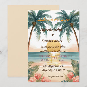 Convite casamento tropical de verão com palmeira na praia