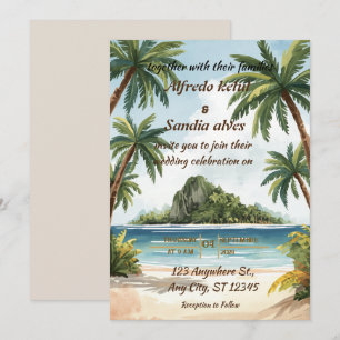 Convite casamento tropical de verão com palmeira na praia