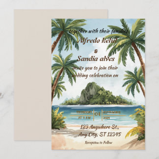 Convite casamento tropical de verão com palmeira na praia