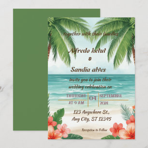 Convite casamento tropical de verão com palmeira na praia