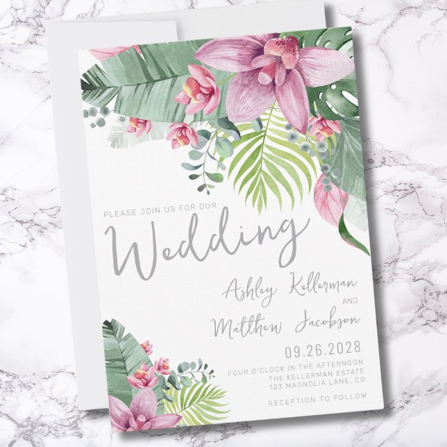 Convite Casamento Tropical de Verão Elegante (Chic Elegant Palm Leaves Tropical Floral Wedding Invitation)