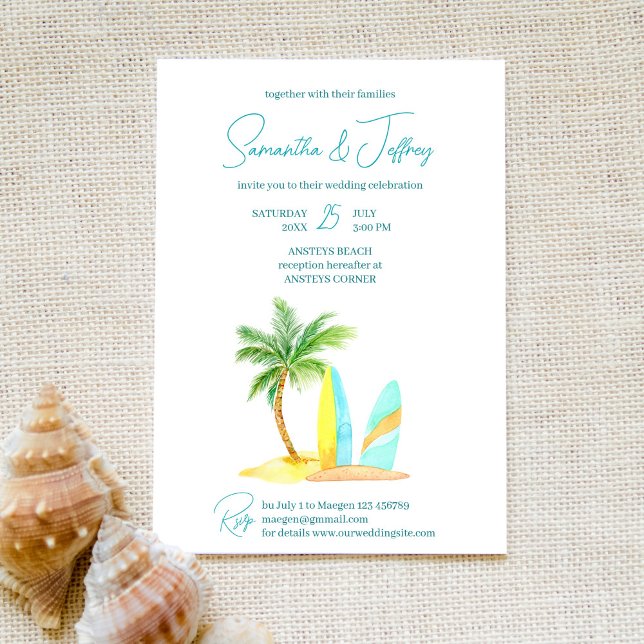 Convite Casamento tropical de verão na praia de surfe (Criador carregado)