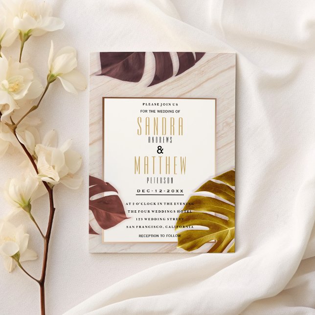 Convite Casamento tropical Dourado de mármore rosa de ouro (Gold burgundy rose gold marble tropical Wedding )