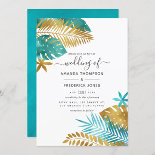 Convite Casamento Tropical Dourado e Teal