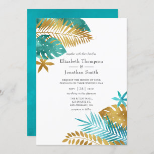 Convite Casamento Tropical Dourado e Teal