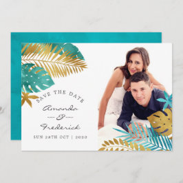 Convite Casamento tropical Dourado e Teal Salvar a Data