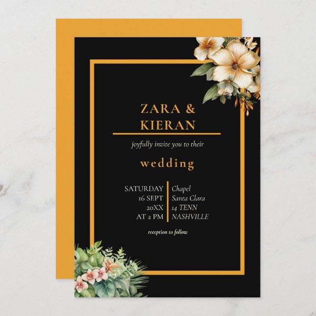 Convite Casamento Tropical Dourado Elegante (Frente/Verso)