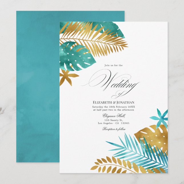 Convite Casamento Tropical em Turquesa e Dourado (Frente/Verso)
