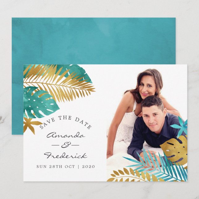 Convite Casamento Tropical em Turquesa e Dourado - Salve a (Frente/Verso)