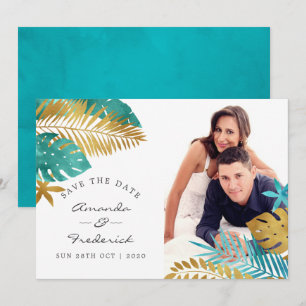 Convite Casamento Tropical em Turquesa e Dourado - Salve a