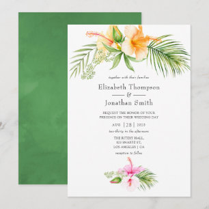 Convite Casamento Tropical Floral à Beira-Mar com Aquarela