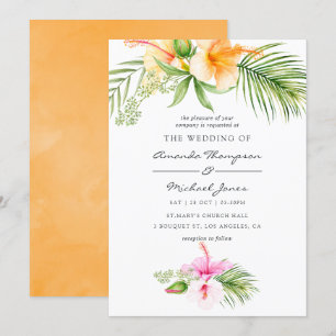 Convite Casamento Tropical Floral à Beira-Mar com Aquarela