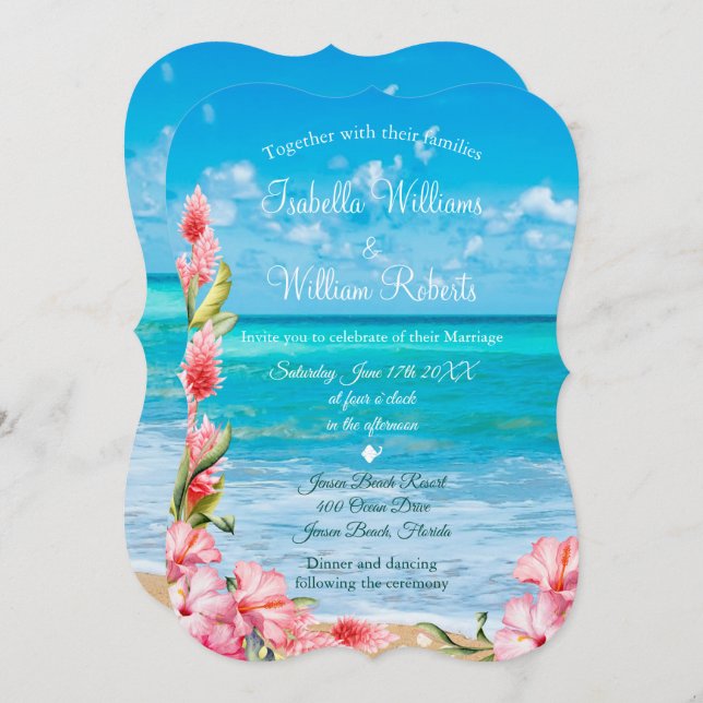 Convite Casamento Tropical Floral Beach (Frente/Verso)