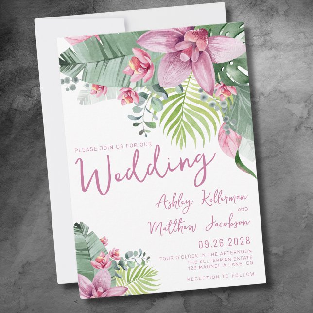 Convite Casamento Tropical Floral de Palma Elegante de Wat (Cute Elegant Palm Leaves Floral Tropical Wedding Invitation)
