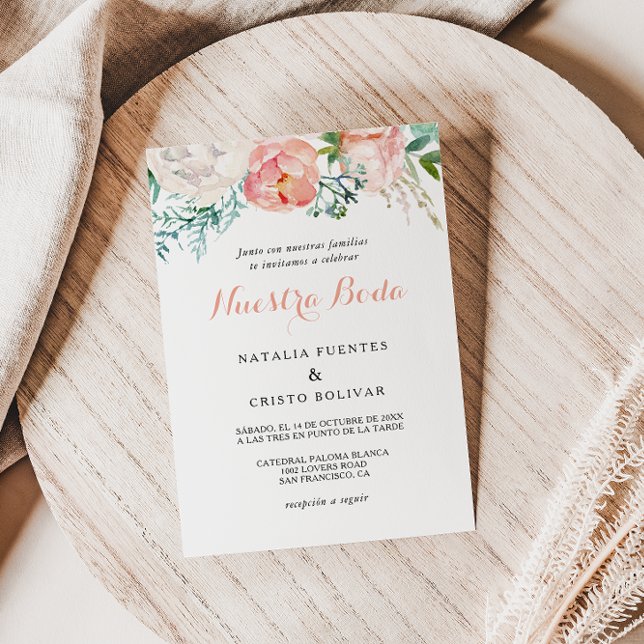 Convite Casamento Tropical Floral Espanhol Rosa Moderno (Criador carregado)
