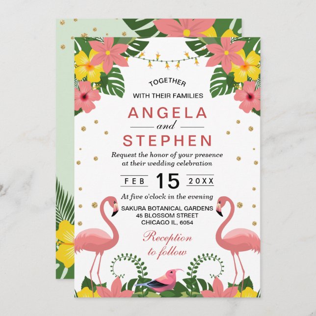 Convite Casamento Tropical Floral Flamingo Summer (Frente/Verso)