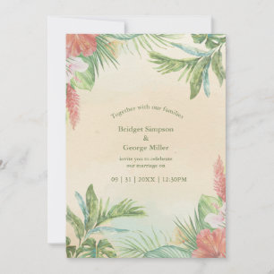 Convite Casamento Tropical Floral Havaí Bege Aquarela