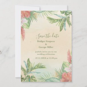 Convite Casamento Tropical Floral Havaiano Bege Aquarela
