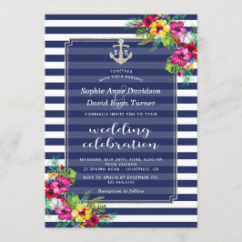 Convite Casamento Tropical Floral Luau Marinho Blue Stripe